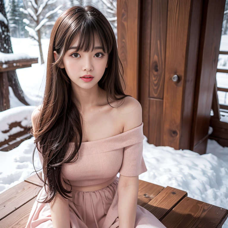 long skirt,skirt,pink skirt, (knee shot), 1 woman, On the face, light brown hair, blunt bangs, hair behind ears, Hair over the shoulders, long hair, Slender body type, Super thin face, face slimming, delicate lips, beautiful eyes, Thin blush, Eyes are light brown,Check it out here, (realistic:1.3), There is a coniferous forest with heavy snow., It's snowing .One person's perspective, 8k, On the table, , Super detailed, high quality, best quality, High resolution, ,Large Breasts,H CUP, off -shoulder top