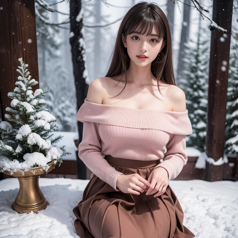 women model in bungalows with exposed rafters and front gablesat winter landscape pictures In the foreground is a vast snow field, (elegant pose, standing, sophisticated composure:1.5), ((large breasts)), masterwork, best quality, soft shadow, (chestnut hair color in a big curls style:1.2), (choker) , (Vintage Irish style top and university student form suit, tight fitting in a charming cherry print :1.1), (SkinHairDetail:0.5), photorealistic, ultra face detail, best quality, high resolution, 8k, 4k, HDR, film grain, high saturation,realistic, scenery