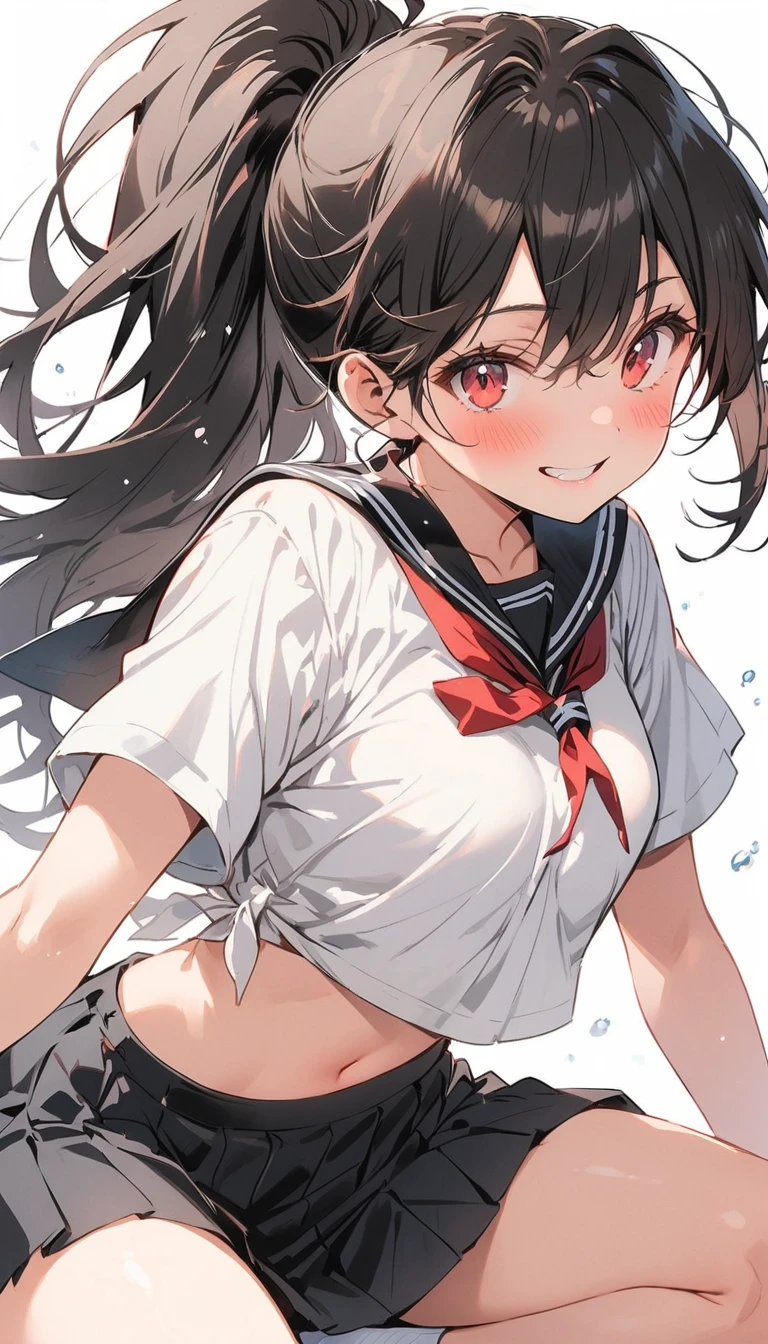 beauty ponytail Black Hair smile Embarrassing blush tits Black Sailor Suit Pure white underwear pubic hair The wind blows up my skirt Photograph the whole body