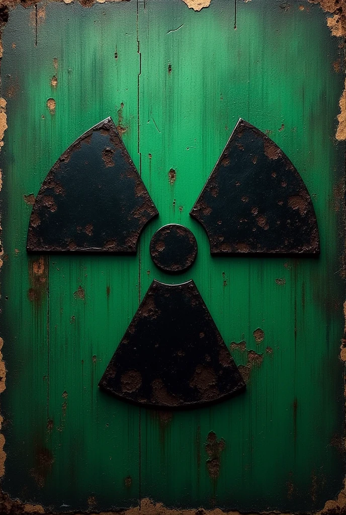 Old radioactive symbol in dark green and black tones 2D framed in white.