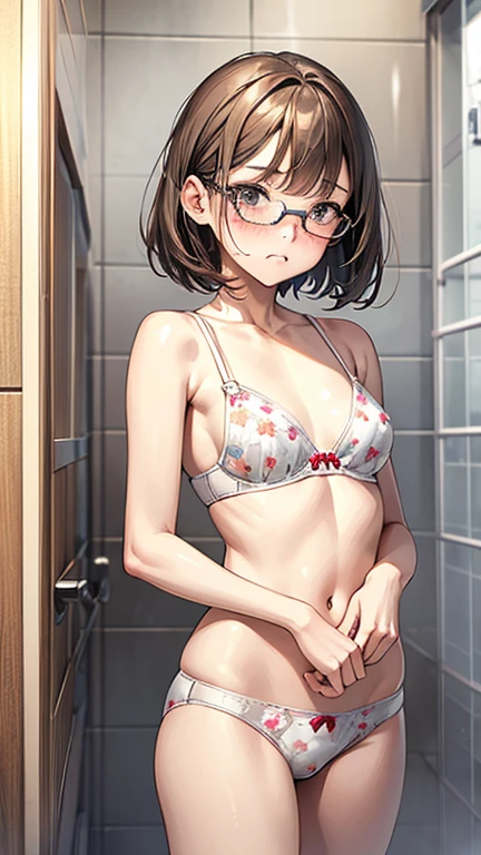 Highest quality、Realistic、、Japanese、zoom、man、cute、Grey Eyes、Light brown hair、Bob Hair、White character print bra White character print panties、thin、Small breasts、Pouting、freckles、Glasses、shower room、Cowboy Shot