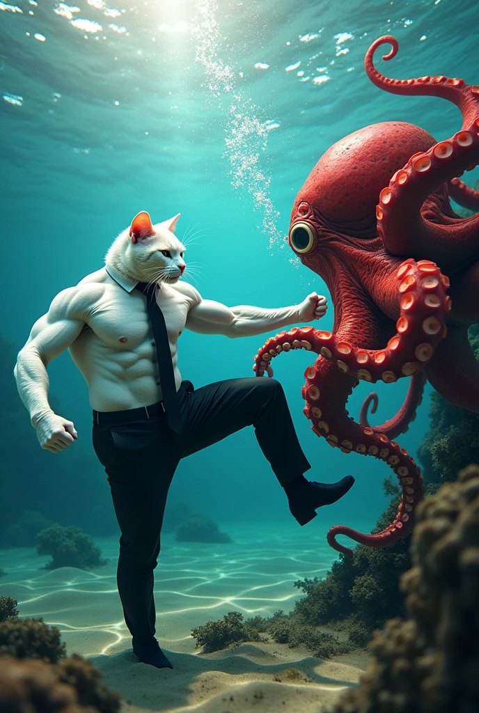 The white realistic muscular bodybuilder daddy cat, still in his black pant coat and tie, is standing in the water, facing the giant red big mouth and sharp theeth octopus.Action: With a powerful big kick seen is visible, the daddy cat strikes the octopus directly in the face. The octopus’s mouth, full of sharp teeth, recoils in pain, releasing the kitten from its grip.