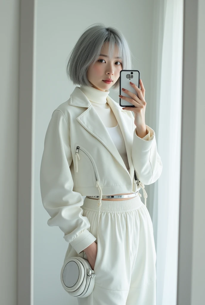 highly detailed, beautiful, hyper Realistic girl, masterpiece, best quality, Japanese sexy gravure woman, 28 years old, identity hidden, takes a selfie in her room using a smartphone in front of a mirror with one hand, fashion model Posing, looking away from the camera, /// gray short hair, light color eyes, Realistic skin, Detailed face, /// white-themed, futuristic-inspired casual fall outfit. The ensemble should feature a high-collared, white asymmetrical short jacket with metallic accents, paired with a sleek, form-fitting turtleneck in a soft white fabric. Combine this with high-waisted white joggers made from a lightweight, tech-inspired material. Footwear should include white, futuristic sneakers with transparent soles. Accessories might involve a slim, metallic belt and a minimalist white crossbody bag with holographic details. The overall look should blend modern functionality with futuristic elements, offering a fresh, forward-thinking take on autumn fashion, /// Monotone simple modern taste single room, mirror, complicated background