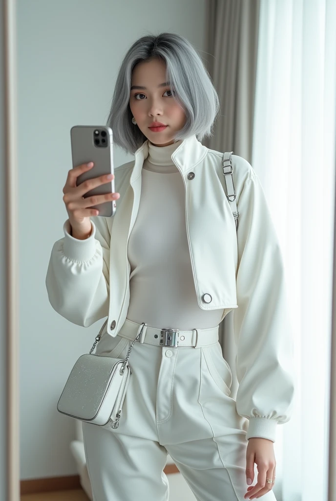 highly detailed, beautiful, hyper Realistic girl, masterpiece, best quality, Japanese sexy gravure woman, 28 years old, identity hidden, takes a selfie in her room using a smartphone in front of a mirror with one hand, fashion model Posing, looking away from the camera, /// gray short hair, light color eyes, Realistic skin, Detailed face, /// white-themed, futuristic-inspired casual fall outfit. The ensemble should feature a high-collared, white asymmetrical short jacket with metallic accents, paired with a sleek, form-fitting turtleneck in a soft white fabric. Combine this with high-waisted white joggers made from a lightweight, tech-inspired material. Footwear should include white, futuristic sneakers with transparent soles. Accessories might involve a slim, metallic belt and a minimalist white crossbody bag with holographic details. The overall look should blend modern functionality with futuristic elements, offering a fresh, forward-thinking take on autumn fashion, /// Monotone simple modern taste single room, mirror, complicated background