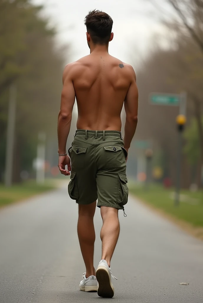 back view of a young man walking backwards wearing cargo shorts , he is horny , erect penis