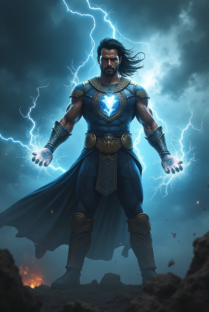 Create an image of an Indian superhero with the power of thunder. He should have a strong and dynamic pose, with lightning crackling around his hands and body. His costume should blend traditional Indian elements with modern superhero aesthetics, featuring intricate designs inspired by ancient Indian armor, with a lightning motif prominently displayed. The backdrop should include dark storm clouds, with flashes of lightning illuminating the scene, symbolizing his control over thunder and storms. The character should have a determined and fierce expression, embodying strength and resilience.