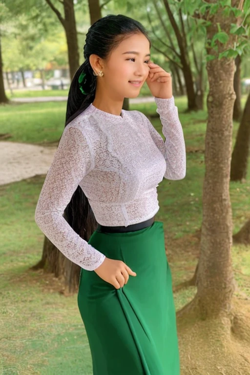 A 55-year-old female school teacher, tall and thin with large hips and breasts, black hair in a bun, small lips, and brown eyes, attractive appearance, wearing a white Burmese blouse with long sleeves and buttoned at the side, paired with a long dark green skirt and Burmese sandals, her face showing subtle signs of aging such as fine lines and wrinkles.