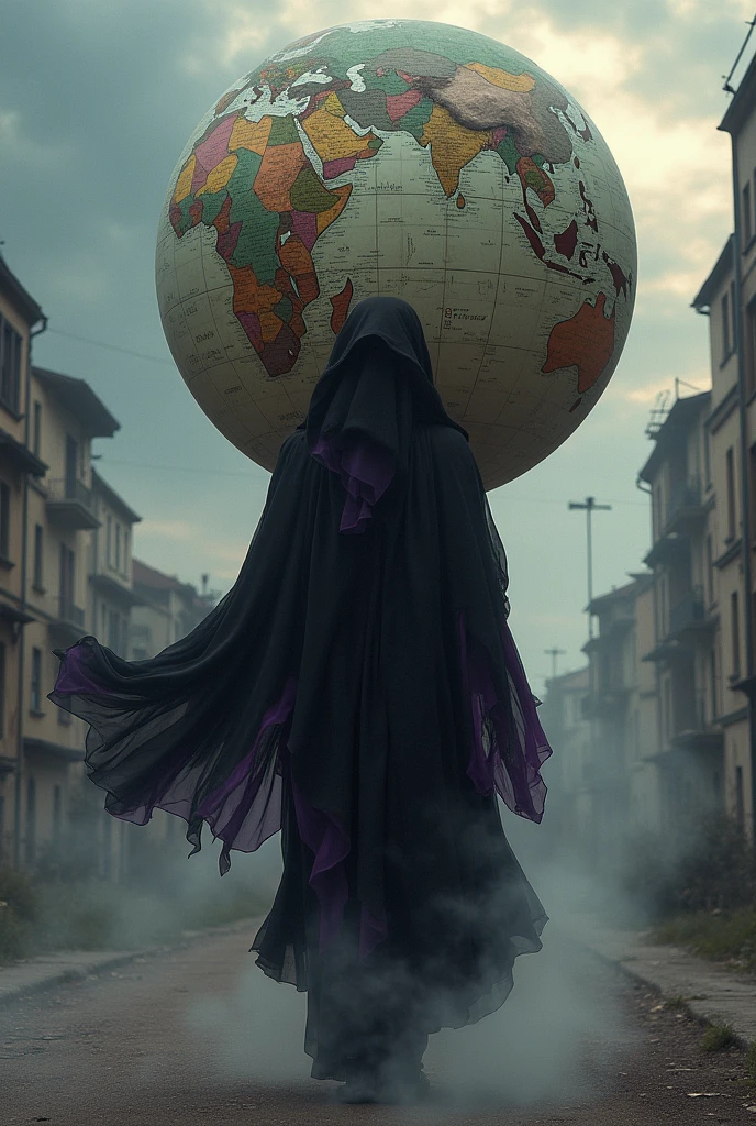 Imagine an atlas woman that carries something on her back like a man that carries sky on his back but she doesn't carry sky on her back. She must look like a beggar in black or purple full dress that covers her all body parts.