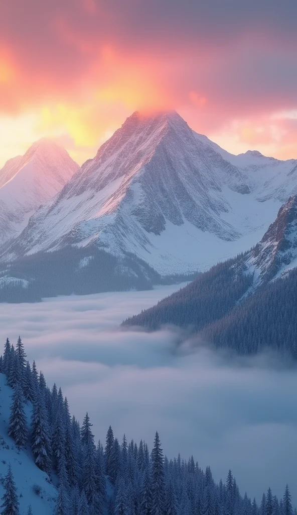 Snow covered mountains, A thick fog rolling in like waves, Beautiful and colorful sunrise, Cinema Lighting, Spectacular landscapes, Dramatic atmosphere, haze, Morning light, Very detailed, Realistic, 8k, masterpiece, Nice views, moody and Atmospheric, Vibrant colors, Natural Beauty, Calm and peaceful, Magnificent and majestic, Picturesque, Nice views, Awe-inspiring, Atmospheric, Dramatic lighting, Vast panorama, Vast and vast々And, Epic scale, Ultra-realistic, Wide-angle, Structure of the film, Realistic Textures, Intricate details, Beautiful sky, Shining Sun, Mysterious feeling