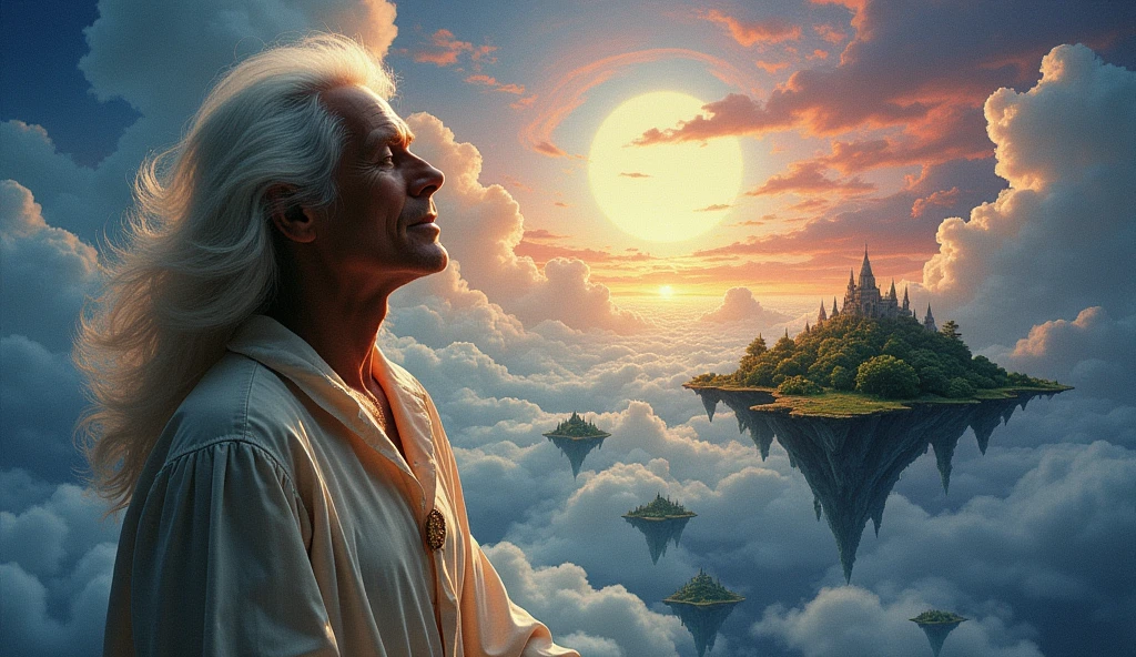 A portrait of Yes band singer Jon Anderson, with a background with a painting by Roger Dean with floating islands