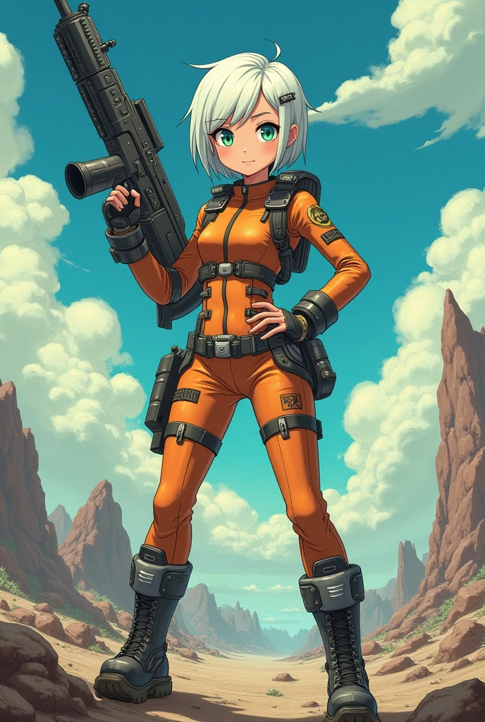 anime style, young adult woman, with the right eye blue and the left eye green, short white hair.
He is wearing a retro post apocalyptic Fallout style suit..
legs: He stands with one leg forward and bent on a rock, The other leg is slightly back, stretched out and supported firmly on the ground.
body: His torso is slightly leaning forward., which adds a sense of progress.
arms: His right arm is raised and holds a rifle in an almost vertical position., with the cannon pointing towards the sky.