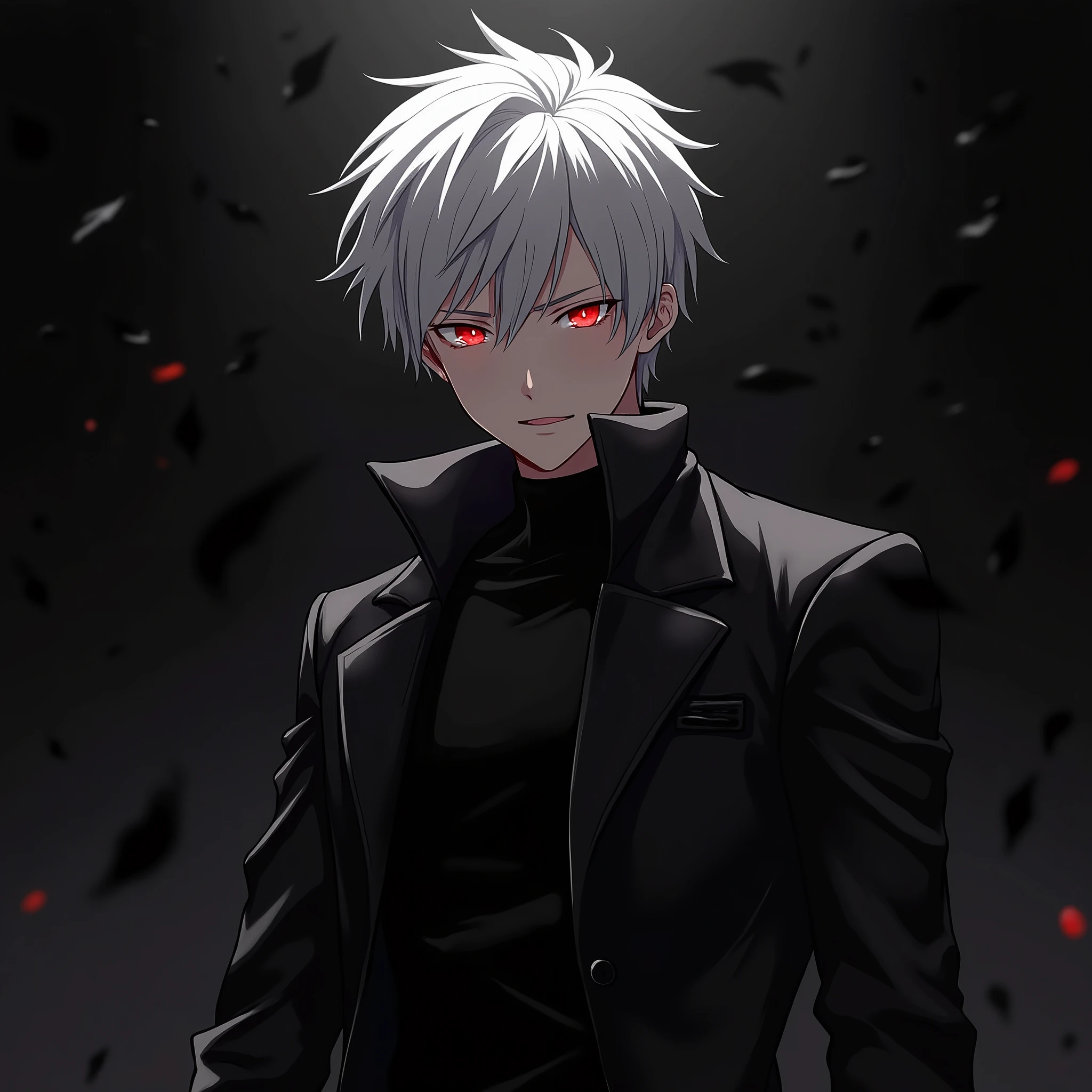 (absurdres, highres, ultra detailed),(Masterpiece, best quality:1.2),Anime boy with white hair and red eyes staring at the camera, glowing red eyes,slim, wearing a black outfit,shadow body,dark, monochrome, wallpaper,