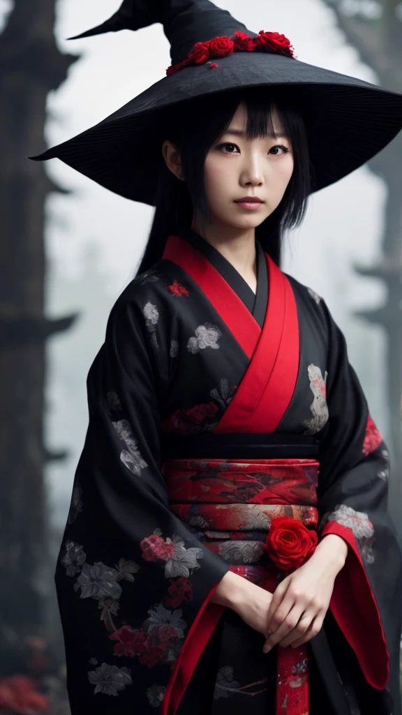 A Japanese witch with a pointy witch hat and a witch dress mixed with a kimono, she is in a cave with mushrooms with neon lights while little fairies are flying around the cave. 真实感. High definition.