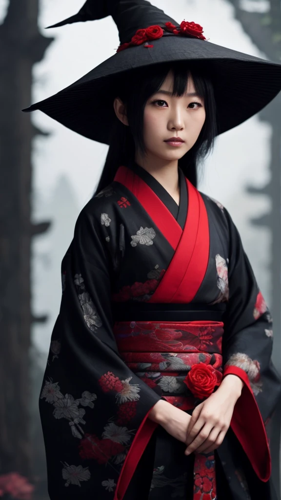 A Japanese witch with a pointy witch hat and a witch dress mixed with a kimono, she is in a cave with mushrooms with neon lights while little fairies are flying around the cave. 真实感. High definition.