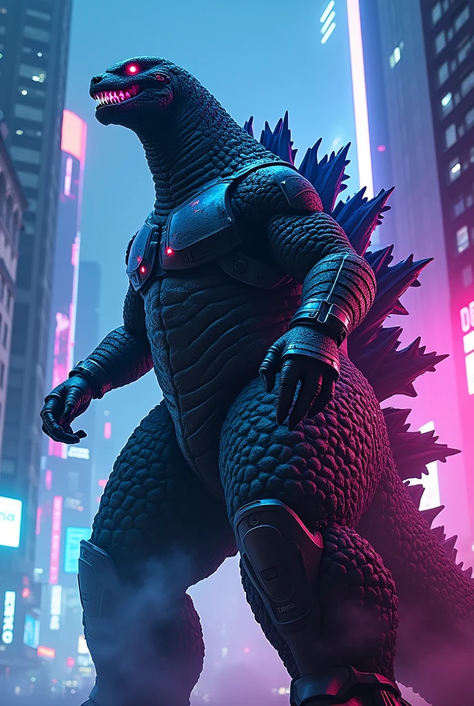 Godzilla anger looking with RoboCop costume with helmet glowing led lights in cyberpunk scenery with blue and pink colours