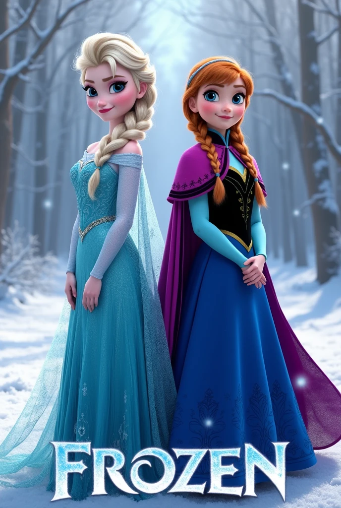 With one braid、Snow Queen light blue dress(With lace cape)Anya Taylor-Joy, a blonde in a、Sadie Sink with two braids(The dress is、上が黒で下がblue、Sleeves、blue、Wearing a purple cloak)
Two-shot for two The background is a beautiful snowy world with the words "Frozen" written large at the bottom.
