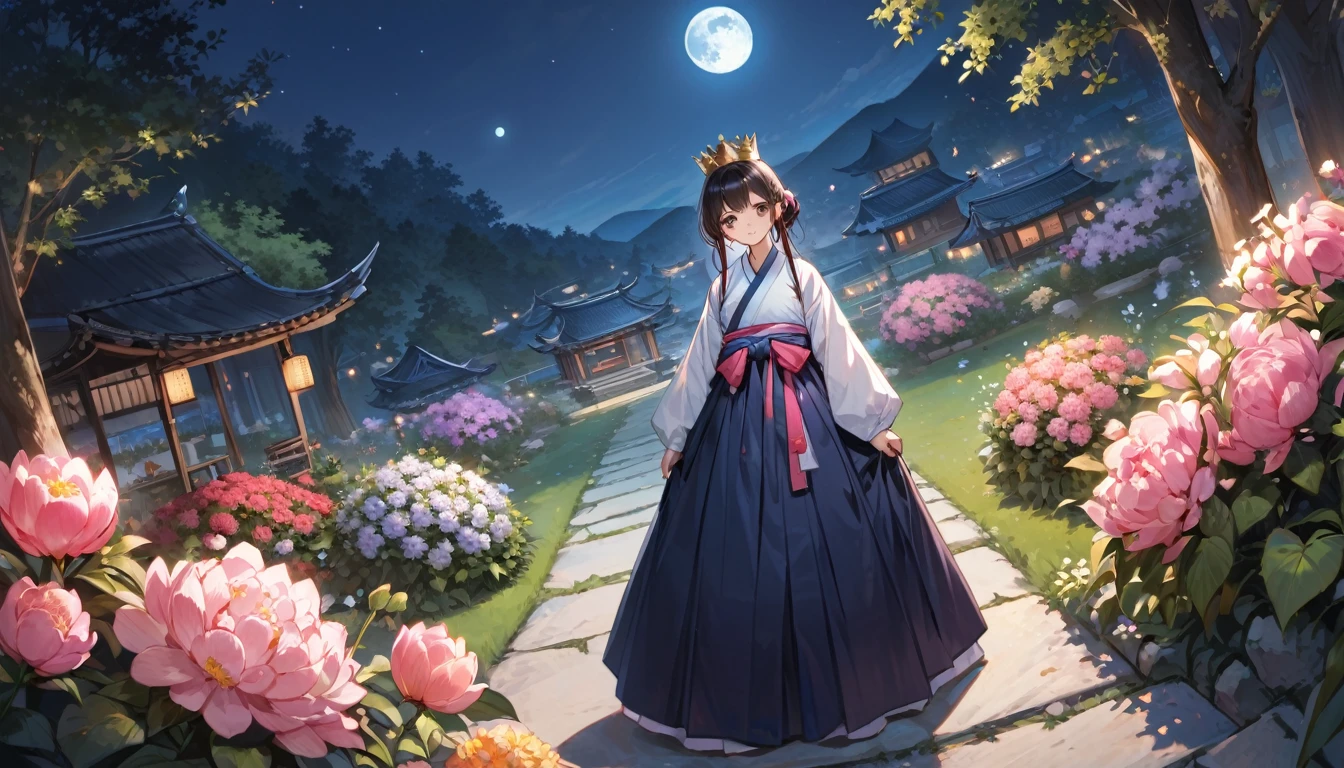 Highest quality, expensive_solve, clear_image, Detailed Background ,, Hanbok,flower,garden,moon, night,Dutch Angle, Wide Shot, Crown,