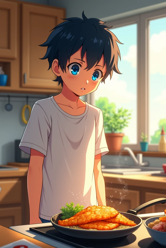 Anime. A man smells fried fish At a friend's house