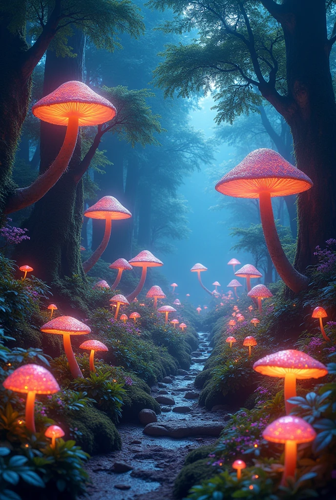 Real、photograph、masterpiece、high quality、4K、HDR、Filled with glittering flowers and fantastical creatures、A vibrant forest brimming with life。 BREAK BREAK BREAK Illuminated by glowing mushrooms and strange creatures、Luminescent trees々A lush forest with。