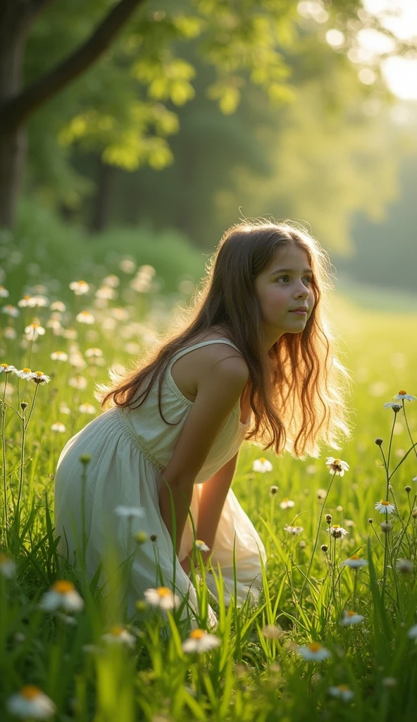 masterpiece, best quality, sideways, wide angle, detailed, bending over, 1girl, visible genitals, facing away, looking sideways, grassy field,