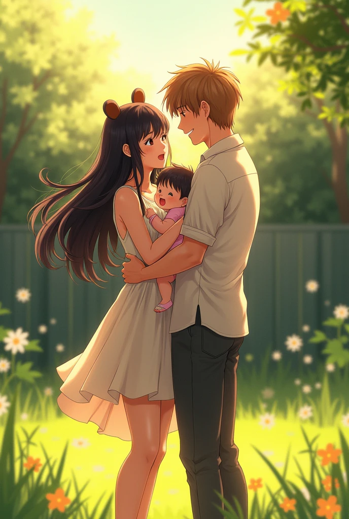 An anime woman with long black hair and brown cute bear ears and she is holding her  son in her arms and she is standing with her husband he has brown-blonde hair and he is holding his toddghter and they are standing in their backyard 