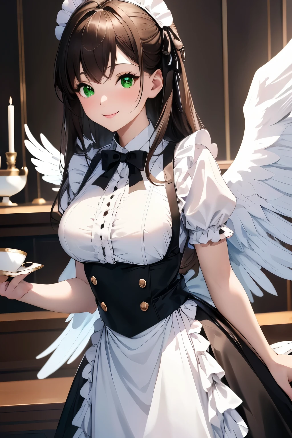 ((masterpiece, Highest quality, High resolution, 超High resolution, Pixel perfect, Written boundary depth, 4K, RTTX 10.0, High resolution))), 1 person, single, alone, Beautiful Anime, Beautiful art style, Anime characters, ((Shortcuts, bangs, Dark brown hair)), ((Green Eyes:1.4, Round eyes, Beautiful eyelashes, current eyes)), ((Smooth texture:0.75, Anime CG style)), ((Dynamic Angle, close)), Perfect body, (cute), Normal chest, whole body, ((4K, 8k, Highest quality, Perfect Fingers: 1.3, Perfect Anatomy: 1.3, Background Blur)), whole bodyアングル, Illustration of a female angel wearing a maid outfit, The character is an angel with pure white wings.、She wears a classic black and white maid outfit。, The maid outfit is decorated with frills and ribbons.、Elegant and lovely design。, She smiled gracefully.、Holding a teacup in his hand。, A soft light shines in the background。