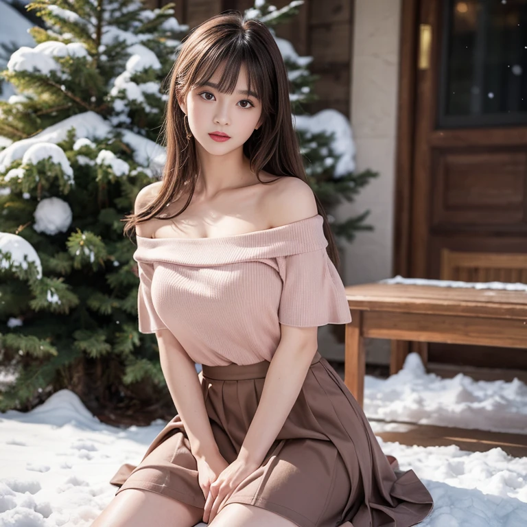 long skirt,skirt,pink skirt, (knee shot), 1 woman, On the face, light brown hair, blunt bangs, hair behind ears, Hair over the shoulders, long hair, Slender body type, Super thin face, face slimming, delicate lips, beautiful eyes, Thin blush, Eyes are light brown,Check it out here, (realistic:1.3), There is a coniferous forest with heavy snow., It's snowing .One person's perspective, 8k, On the table, , Super detailed, high quality, best quality, High resolution, ，Large Breasts，H CUP, off -shoulder top