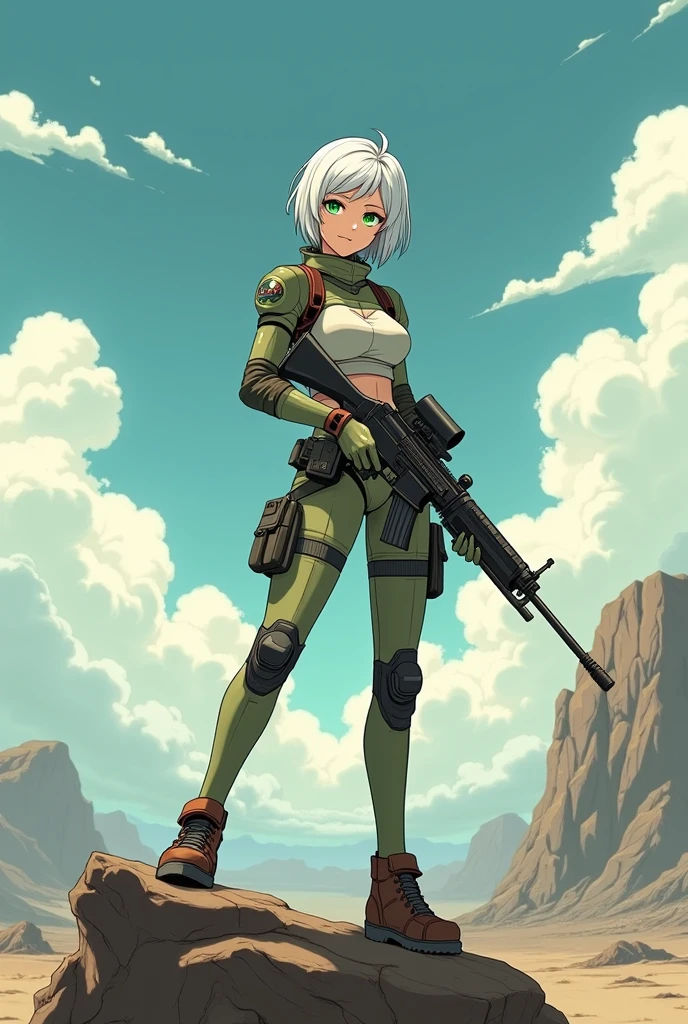 anime style, young adult woman, with the right eye blue and the left eye green, short white hair.
He is wearing a retro post apocalyptic Fallout style suit..
legs: He stands with one leg forward and bent on a rock, The other leg is slightly back, stretched out and supported firmly on the ground.
body: His torso is slightly leaning forward., which adds a sense of progress.
arms: His right arm is raised and holds a rifle in an almost vertical position., with the cannon pointing towards the sky.