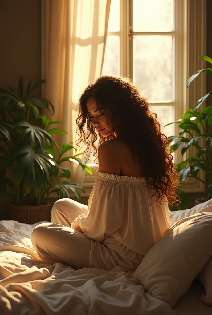 (photorealism:1.2), beautiful woman, sitting on bed, wearing loose off-shoulder top, pajama pants, long curly hair, indoors, soft lighting, plants in background, window with sunlight, cozy room, relaxed pose, realistic, intricate details, warm colors, by Greg Rutkowski, by Alphonse Mucha