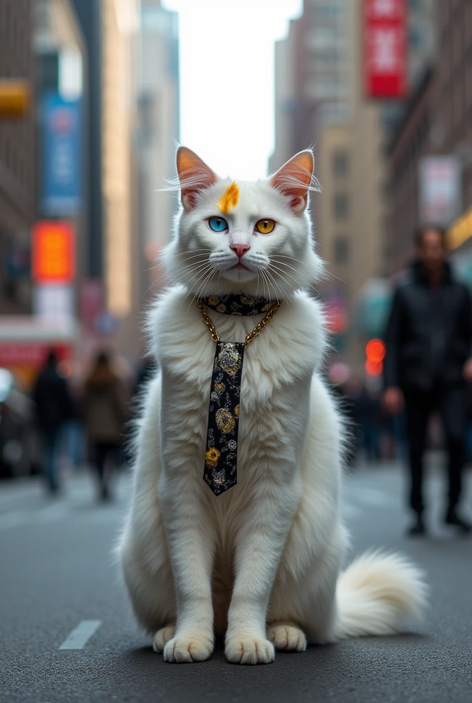 Generates a hyperrealistic image of a white Manie Coon cat which has 2 yellow spots on its forehead and has one light blue eye and the other yellow eye., He also has brand name clothes "Joic" of rock because he is being photographed as a model, so it simulates a model pose. The place is New York street