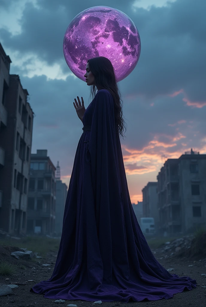 Imagine an atlas woman that carries something on her back like a man that carries sky on his back but she doesn't carry sky on her back. She must look like a beggar in black or purple full dress that covers her all body parts.