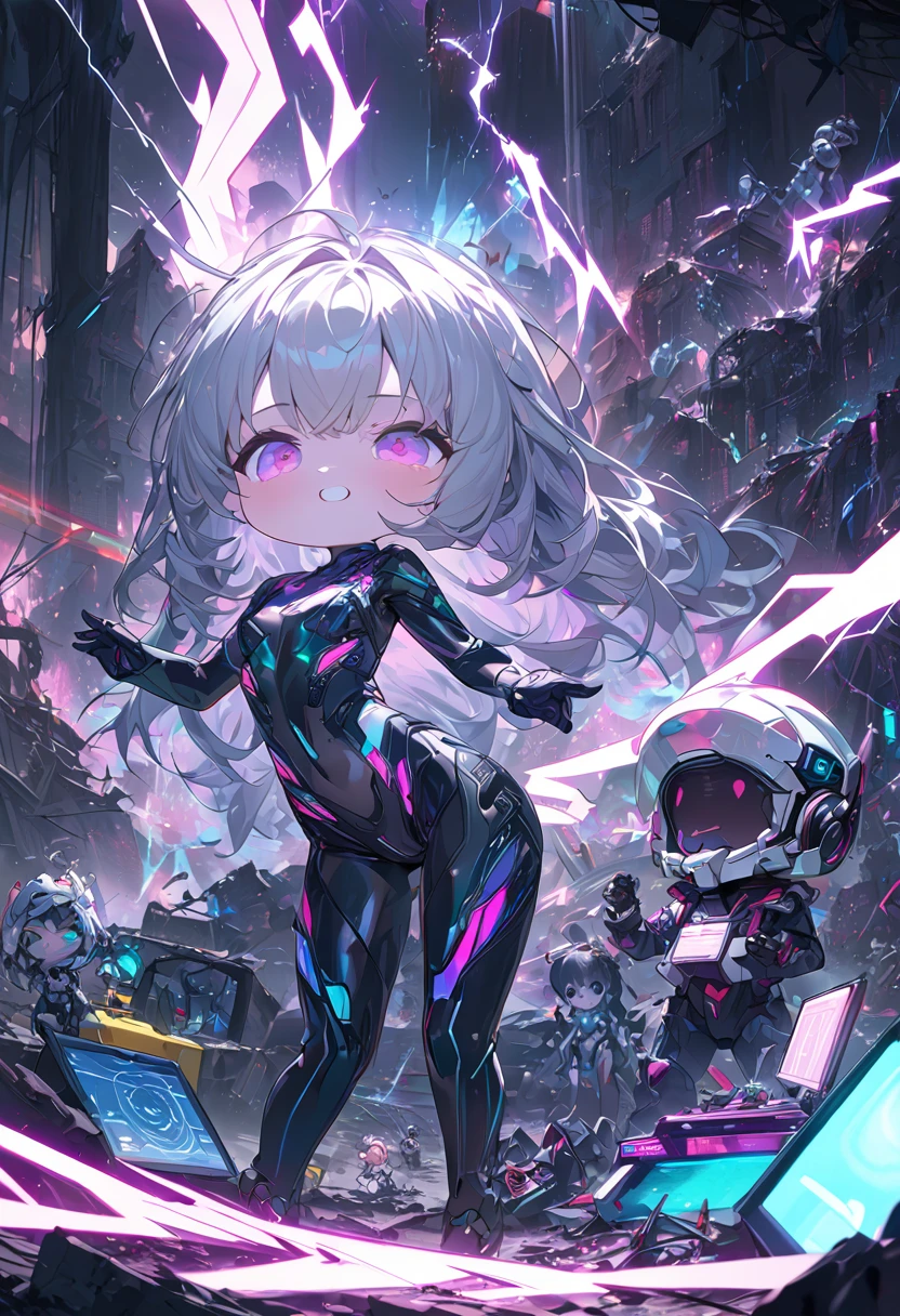 cute anime chibi characters, motivated and energetic poses, (attractive and seductive) and (amorous and lewd) expression, great body proportion, wearing cyber machine suit with neon lines, background tornado, iridescent lightning, ruins, analyzer, lab, conceptual installation art, (ultra detailed, absolutely resolution, best quality:1.3), 2.5D, delicate and dynamic effects, artistic, hyper, graphic CG digital art