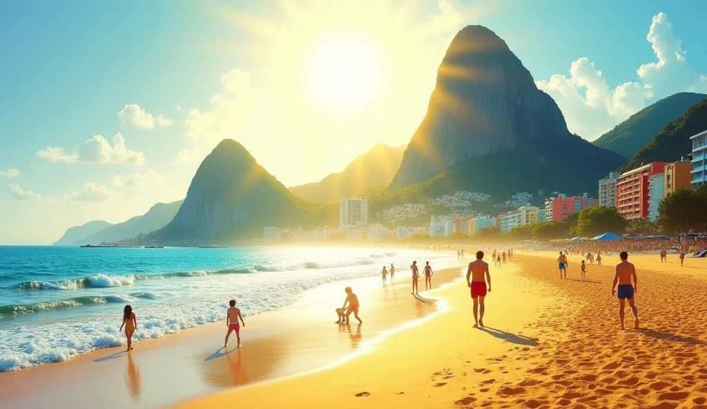 Midday、Soft Focus, Bright gradient oil painting, Van Gogh style、dreamer, White background, , Cafe, Copacabana Beach, Sugarloaf, Corcovado, Hilltop favela.、There are many bathers, Sunlight shining from above、The sun is directly above, so it is not visible on the screen.