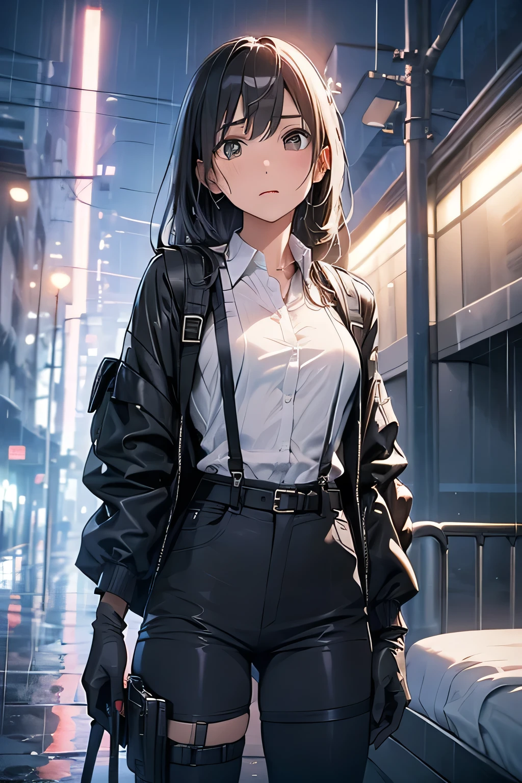 1 female, , high quality, masterpiece, Ultra-high resolution, , Cinema Lighting, , , And the suspenders with the cranes flying　　　Large Breasts　 　 　　　　Small face　 　　　holster　　　　　　　 Lying in bed　Looking up　　　　Sweat 　　　belt　summer　脇Sweat 　Black Hole Gloves　suit　shirt　　Black jacket　 Black trousers　Leg Links　ズボンにbelt　　holster　 　　Hands behind your back　 Anxious expression　Looking up　Anxious face, legs apart　Armament　　Cable ties　レッグholster　holster　See-through clothing　heavy rain　Getting wet in the rain