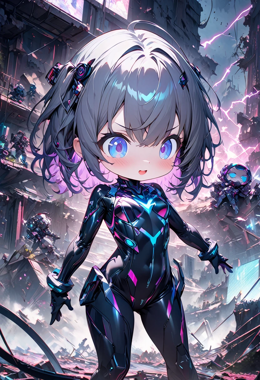 cute anime chibi characters, motivated and energetic poses, (attractive and seductive) and (amorous and lewd) expression, great body proportion, wearing cyber machine suit with neon lines, background tornado, iridescent lightning, ruins, analyzer, lab, conceptual installation art, (ultra detailed, absolutely resolution, best quality:1.3), 2.5D, delicate and dynamic effects, artistic, hyper, graphic CG digital art