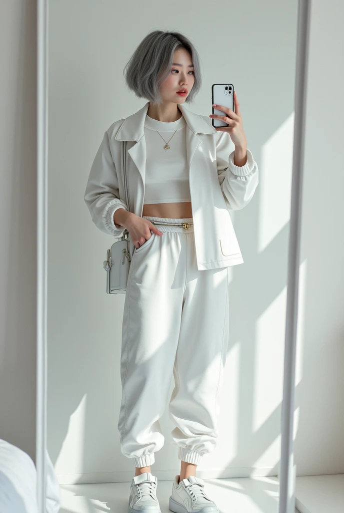 highly detailed, beautiful, hyper Realistic girl, masterpiece, best quality, Japanese sexy gravure woman, 28 years old, identity hidden, takes a selfie in her room using a smartphone in front of a mirror with one hand, fashion model Posing, looking away from the camera, /// gray short hair, light color eyes, Realistic skin, Detailed face, /// white-themed, futuristic-inspired casual fall outfit. The ensemble should feature a high-collared, white asymmetrical short jacket with metallic accents, paired with a sleek, form-fitting turtleneck in a soft white fabric. Combine this with high-waisted white joggers made from a lightweight, tech-inspired material. Footwear should include white, futuristic sneakers with transparent soles. Accessories might involve a slim, metallic belt and a minimalist white crossbody bag with holographic details. The overall look should blend modern functionality with futuristic elements, offering a fresh, forward-thinking take on autumn fashion, /// Monotone simple modern taste single room, mirror, complicated background