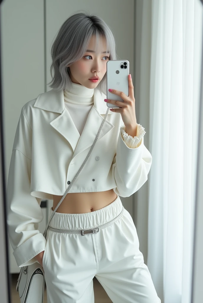 highly detailed, beautiful, hyper Realistic girl, masterpiece, best quality, Japanese sexy gravure woman, 28 years old, identity hidden, takes a selfie in her room using a smartphone in front of a mirror with one hand, fashion model Posing, looking away from the camera, /// gray short hair, light color eyes, Realistic skin, Detailed face, /// white-themed, futuristic-inspired casual fall outfit. The ensemble should feature a high-collared, white asymmetrical short jacket with metallic accents, paired with a sleek, form-fitting turtleneck in a soft white fabric. Combine this with high-waisted white joggers made from a lightweight, tech-inspired material. Footwear should include white, futuristic sneakers with transparent soles. Accessories might involve a slim, metallic belt and a minimalist white crossbody bag with holographic details. The overall look should blend modern functionality with futuristic elements, offering a fresh, forward-thinking take on autumn fashion, /// Monotone simple modern taste single room, mirror, complicated background