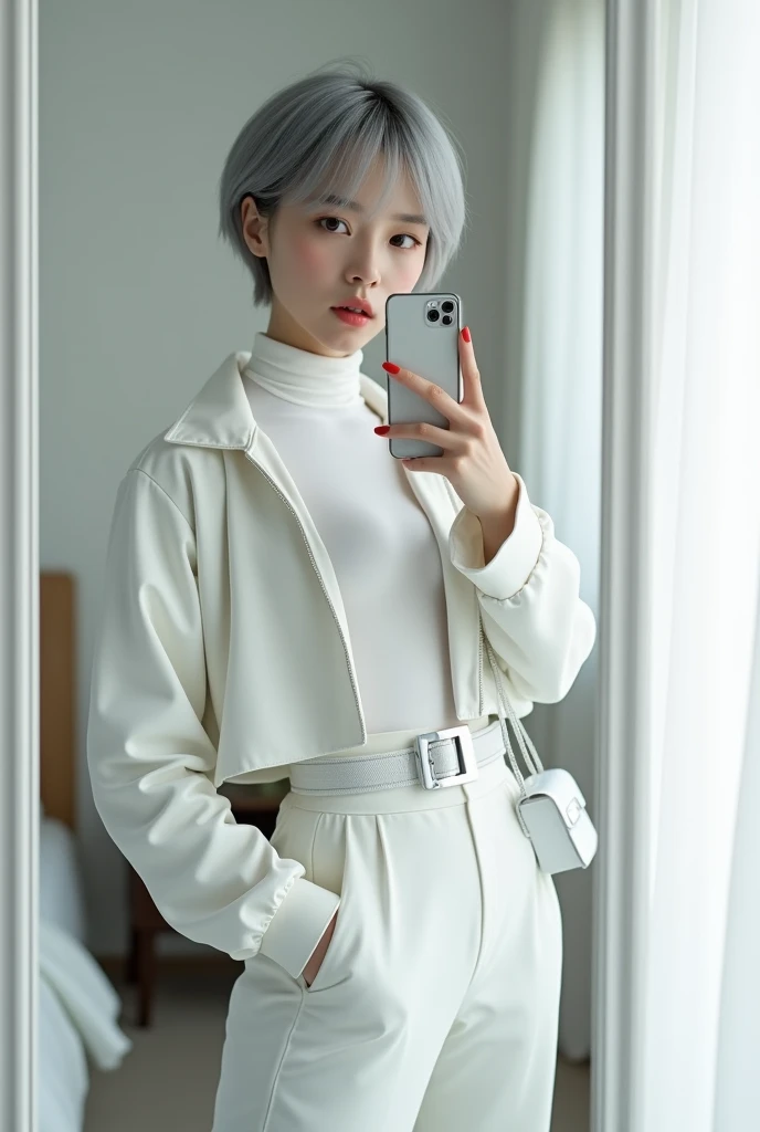 highly detailed, beautiful, hyper Realistic girl, masterpiece, best quality, Japanese sexy gravure woman, 28 years old, identity hidden, takes a selfie in her room using a smartphone in front of a mirror with one hand, fashion model Posing, looking away from the camera, /// gray short hair, light color eyes, Realistic skin, Detailed face, /// white-themed, futuristic-inspired casual fall outfit. The ensemble should feature a high-collared, white asymmetrical short jacket with metallic accents, paired with a sleek, form-fitting turtleneck in a soft white fabric. Combine this with high-waisted white joggers made from a lightweight, tech-inspired material. Footwear should include white, futuristic sneakers with transparent soles. Accessories might involve a slim, metallic belt and a minimalist white crossbody bag with holographic details. The overall look should blend modern functionality with futuristic elements, offering a fresh, forward-thinking take on autumn fashion, /// Monotone simple modern taste single room, mirror, complicated background