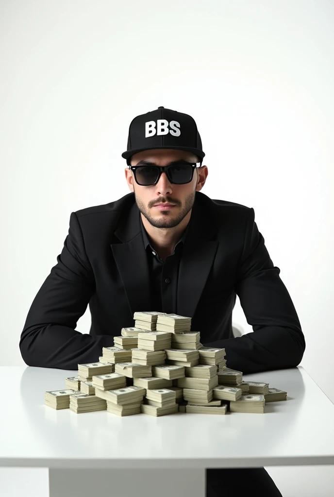 Man sitting at table, wearing a slim sports suit with sunglasses looking straight ahead,age between 30 and 35 years,wearing a cap with BBS written on it,on the table a mountain of money, plenty of money,image with completely white background 