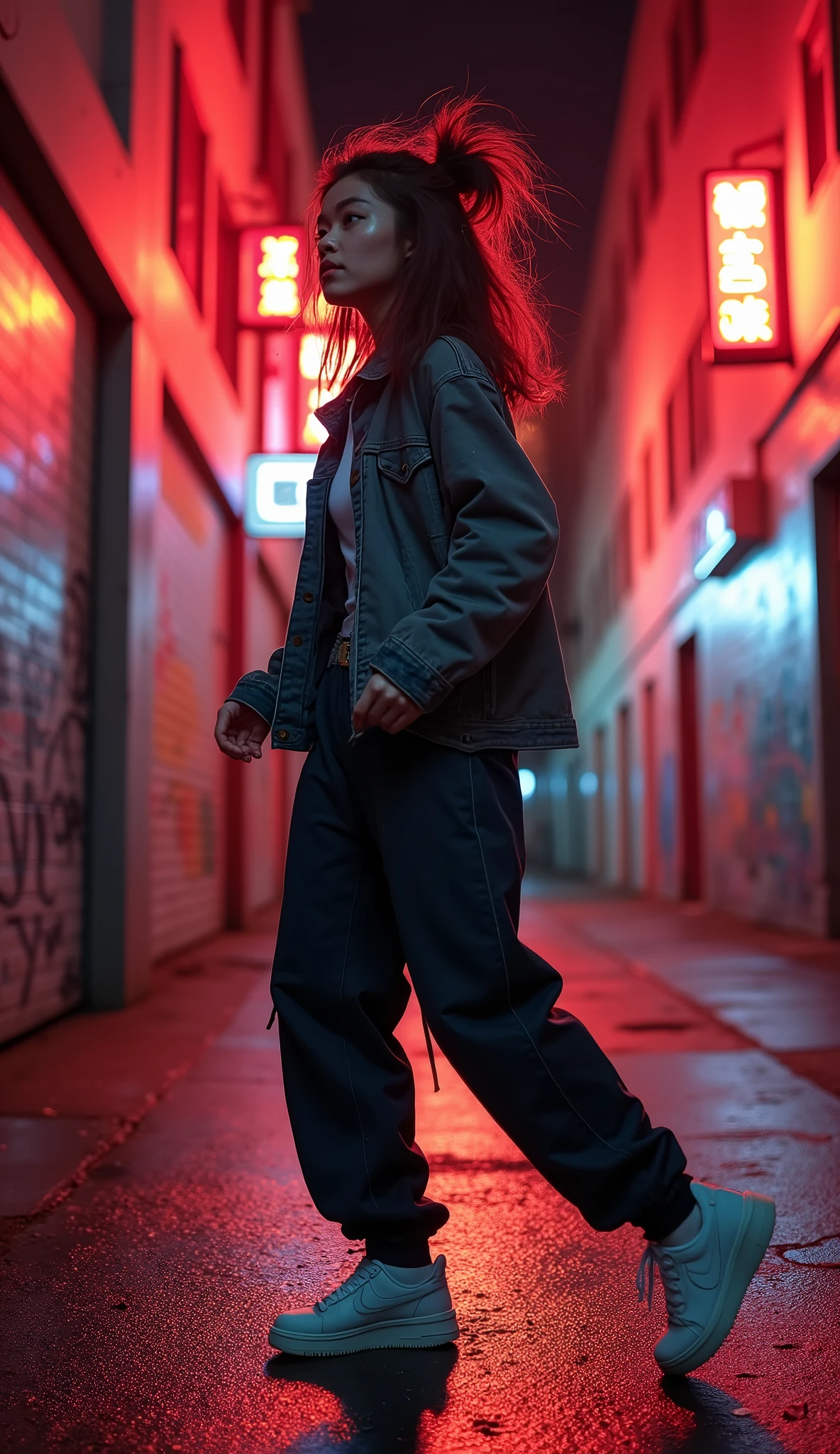 1990s , 1 asian female, 90s streetstyle hiphop fashion, baggy thick edgy  loose clothing, Melbourne shuffle  shuffling  footwork ,  expressive pose, urban allyway environment, neon lights, cinematic lighting,, extremely detailed, photorealistic, 8k, film grain, dynamic composition, high quality, masterpiece