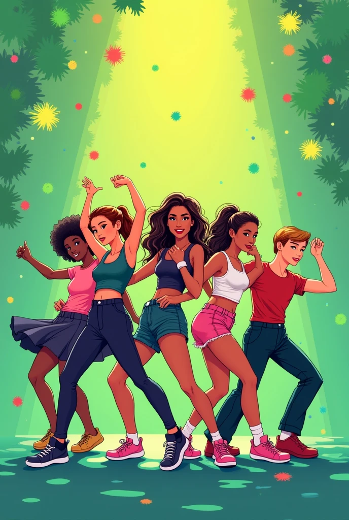 Create a tarpaulin for dance audition, in the background include hiphop, contemporary, retro, pop dancers, etc. green theme, rectangle layout, for school