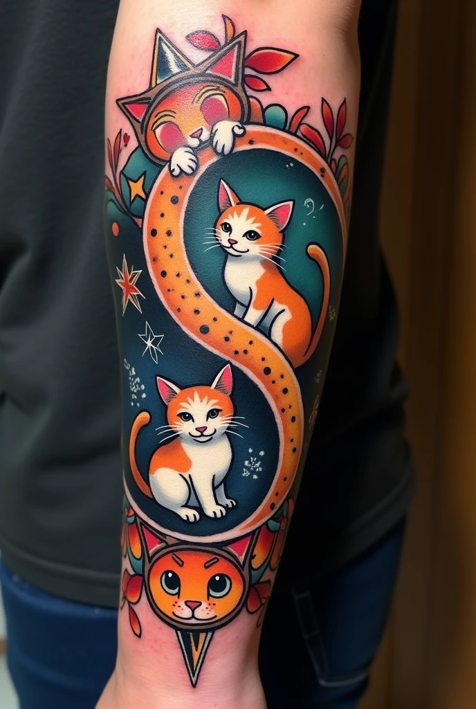 Geek style tattoo stencil sleeve arm cat themed yinyang