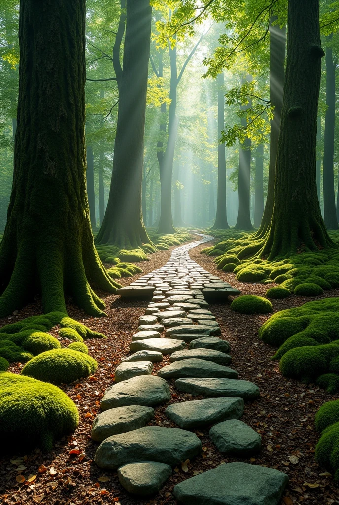 A large forest where on the ground there is an arrow pointing forward with stones