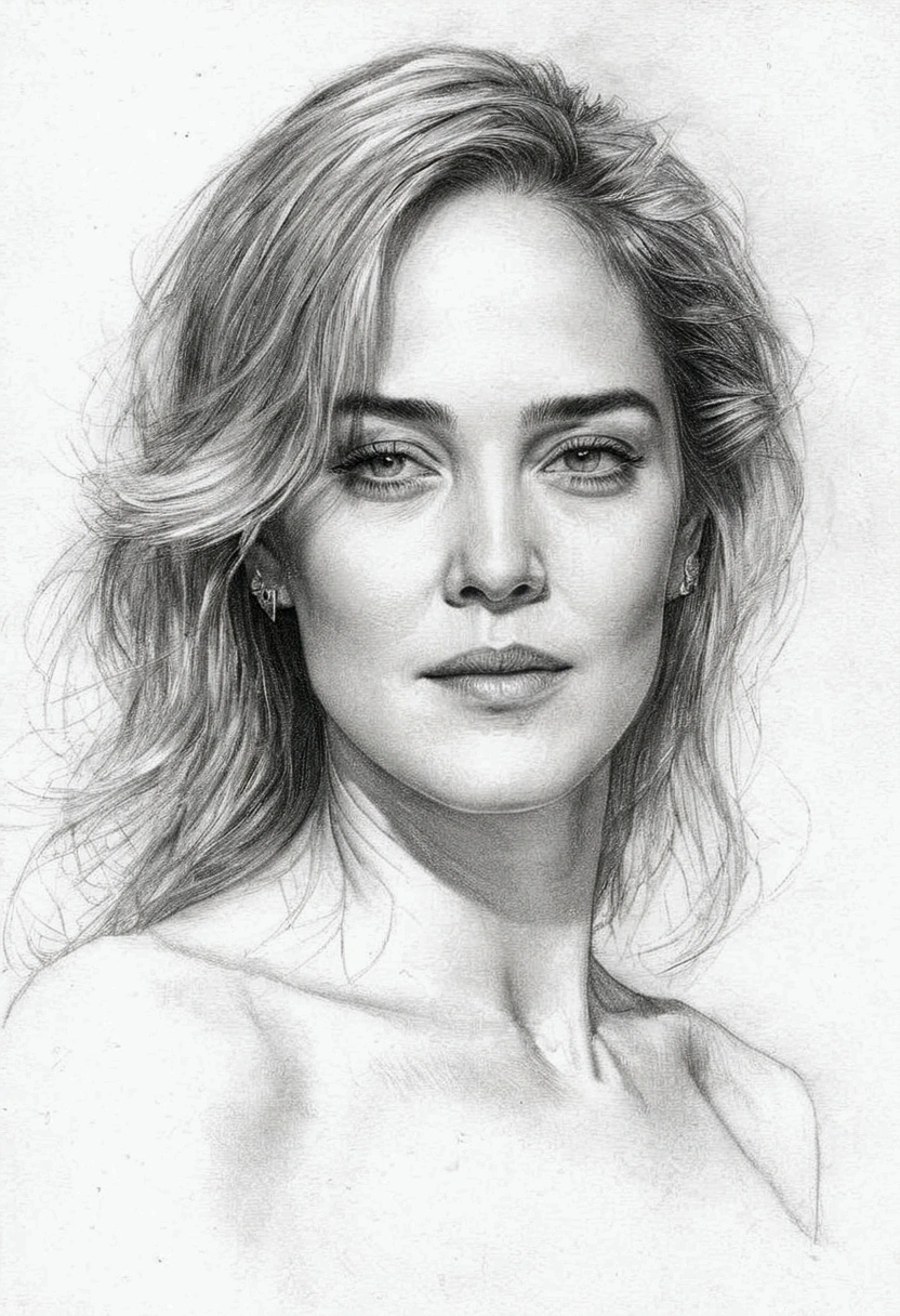 A delicate, graphite sketch portrays, a nude beautiful Sharon Stone, without back ground, her features rendered in subtle shading and precise lines. The framing is tight, focusing attention on the subject's serene face. Soft, feathery strokes convey the gentle texture of her hair,