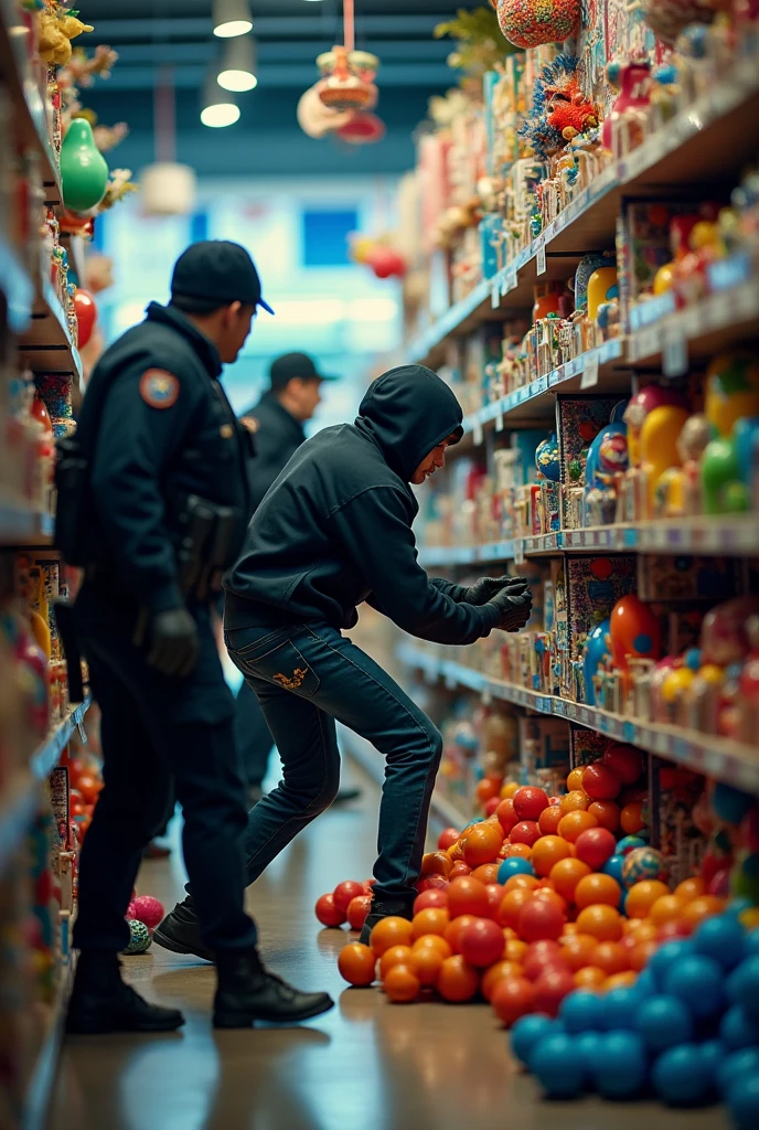 A camera watching a thief steal some balls and get caught by the police