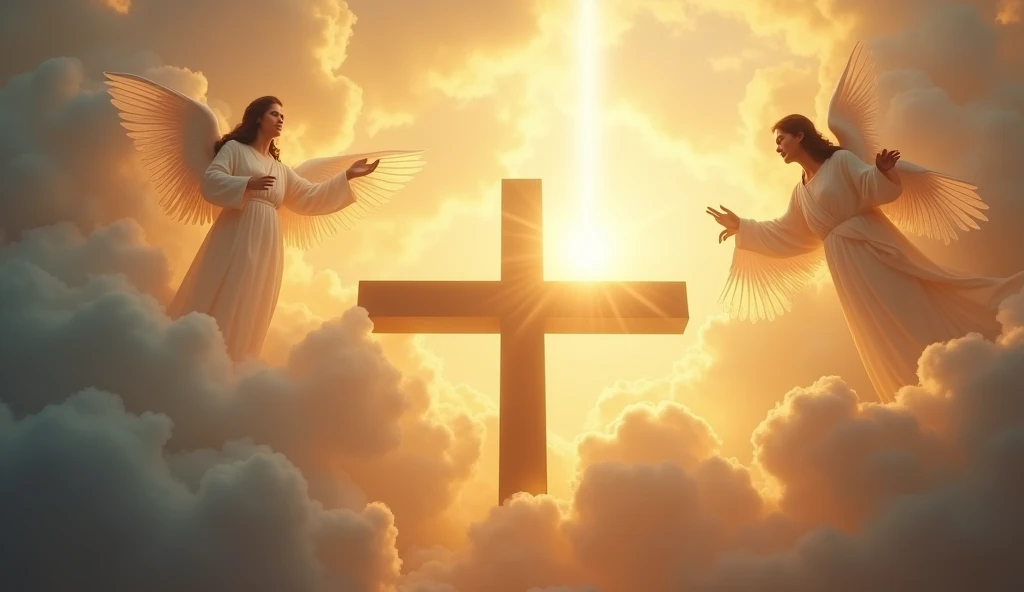 an evangelical image with clouds and angels and a cross