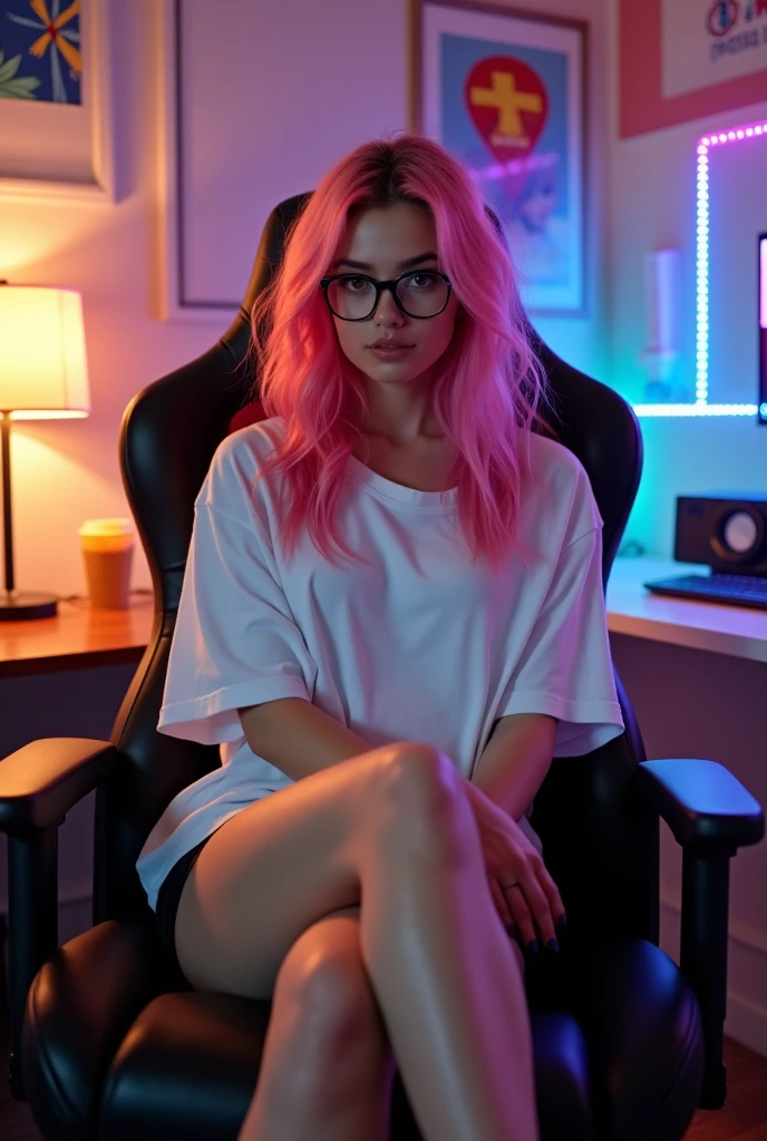 belle femme, assise-jambe à la jambe croisée sur une chaise de jeu, un ordinateur de bureau avec lumière chaude, cheveux roses, lunettes rondes, un grand t-shirt blanc révélant une épaule tout en serrant la poitrine, un short noir assez court, un petit maquillage simple, pied nu