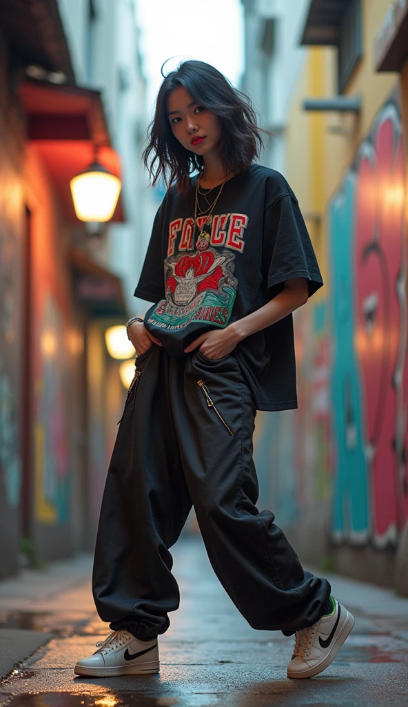 1 asian female, 90s streetstyle hiphop fashion, baggy thick edgy loose clothing, Melbourne shuffle shuffling footwork, medium shot, 1990s, photorealistic, (best quality,4k,8k,highres,masterpiece:1.2),ultra-detailed,(realistic,photorealistic,photo-realistic:1.37),HDR,UHD,studio lighting,ultra-fine painting,sharp focus,physically-based rendering,extreme detail description,professional,vivid colors,bokeh,studio shot,dramatic lighting