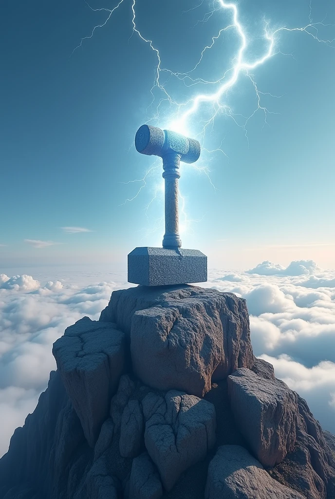 masterpiece、Highest quality、Very detailed、Ultra-high resolution、sea of clouds、Summit、Hammer stuck in rock、White aura of lightning
