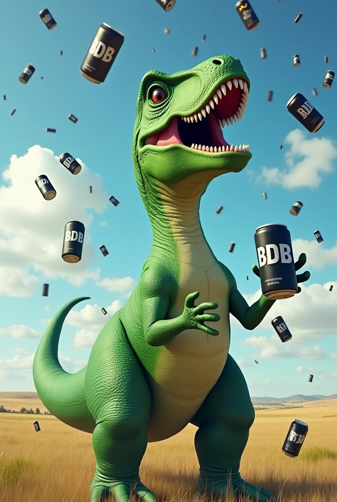 T-rex de couleur vert, taille adulte, qui leve la tete contre le ciel, arriere plan avec prairie, ciel bleu et nuages, yeux vert et pupille noir, des centaines de canettes noirs avec ecris « BDB » tombe dessus, grand sourire et yeux petillant de joie, les pattes sont en l’air pour receptionner les canettes